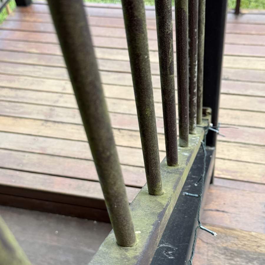 Moss covered deck railing before pressure washing in Airlie Beach